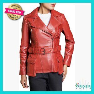 Lambskin Leather Jacket Tailored Stitched Motorcycle Style Belted Lapel Collar